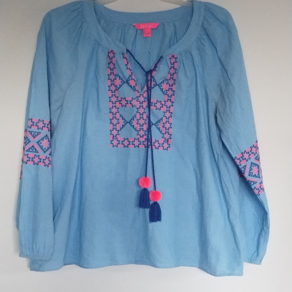 Lilly Pulitzer Light Blue Blouse with Pink Embroidery